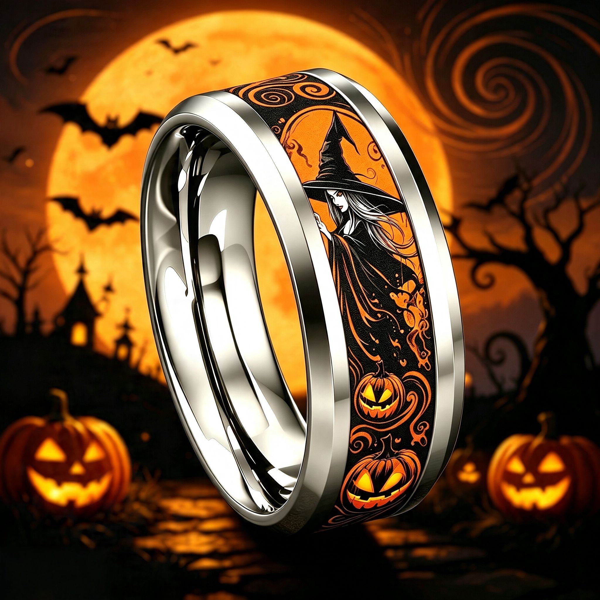 Halloween Witch 8mm Stainless Steel Ring, Waterproof